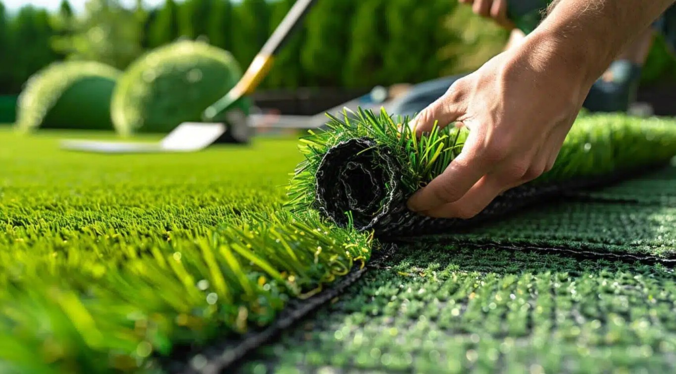 Professional installing artificial grass roll in Conway, AR